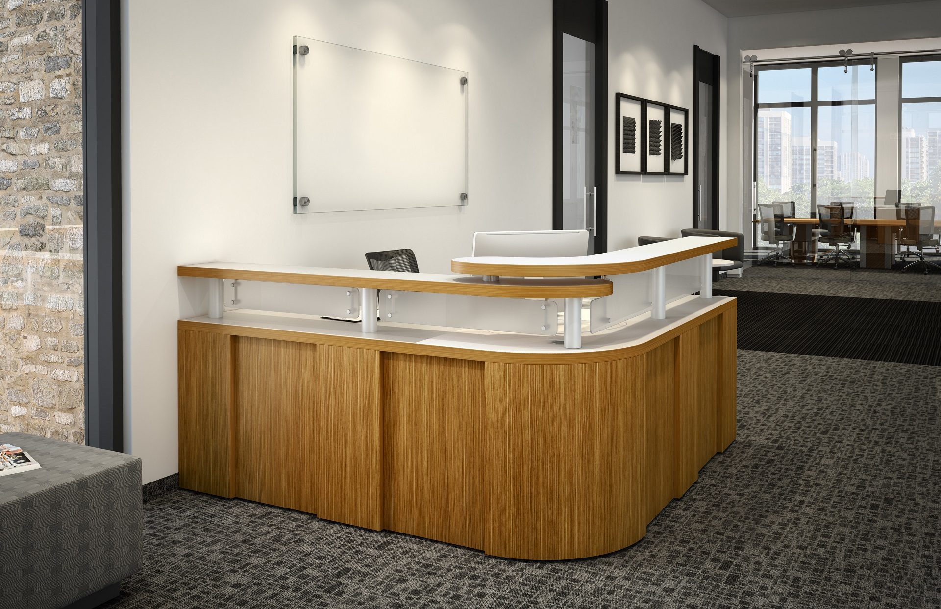 Wood and white surface L shaped receptionist desk