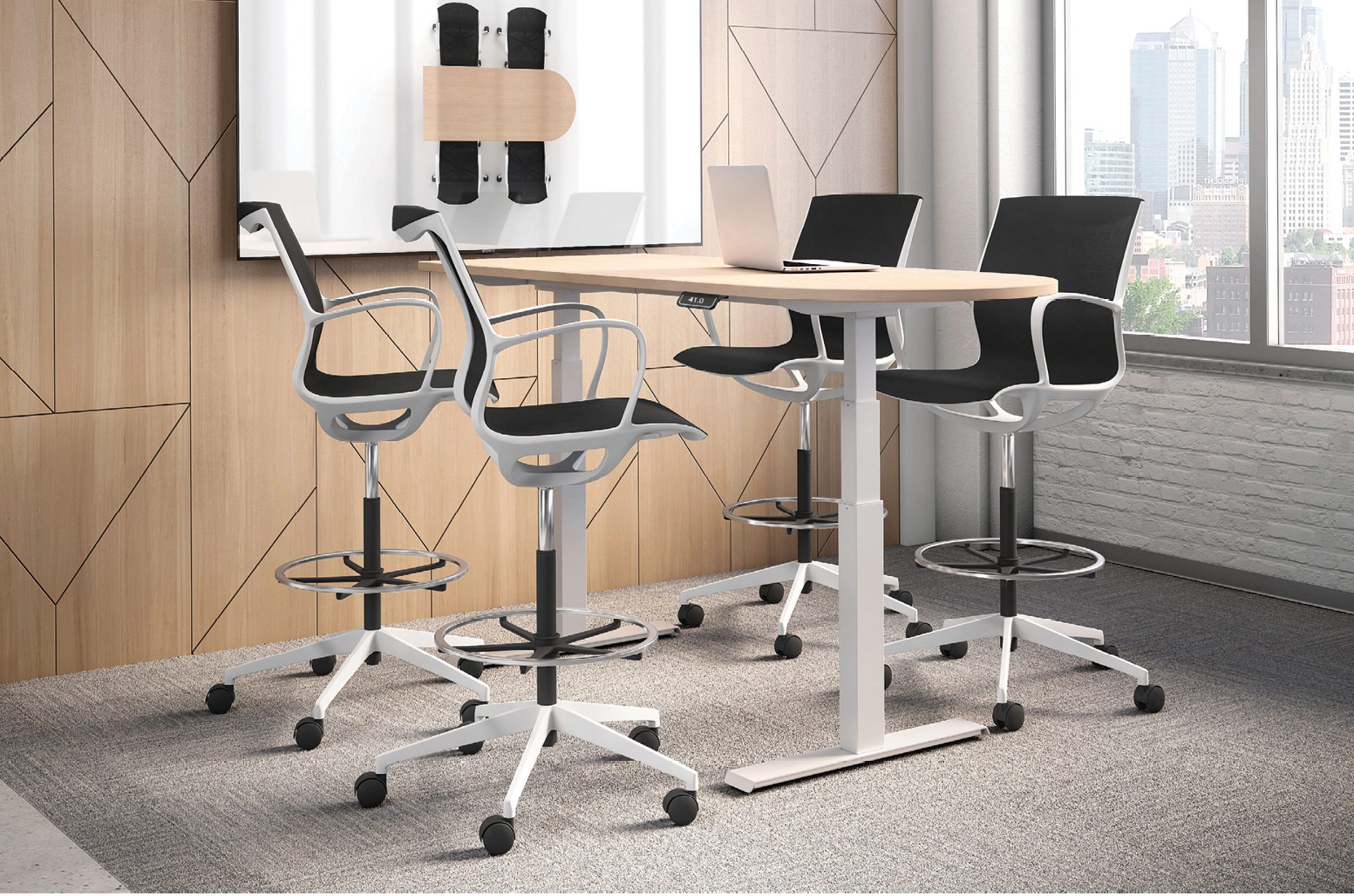 Modern white ergonomic executive chair with headrest for comfort.
